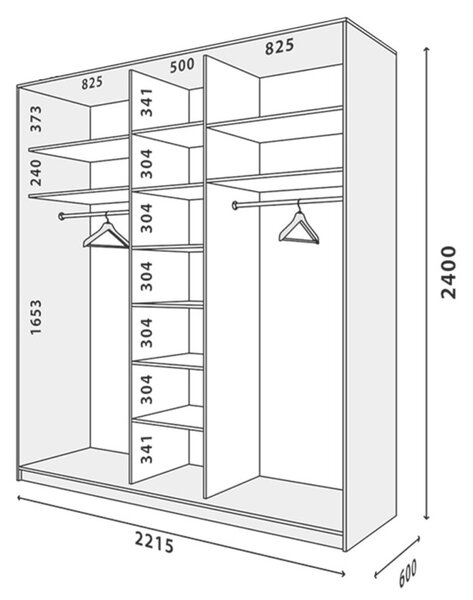 Skříň 3D 2220x2400x600, 2 DTD + 1 zrcadlo, bílá