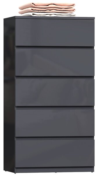 HOMCOM komoda s 5 zásuvkami, vysoký lesk, zásuvky s měkkým dovíráním, bez úchytek — 53 × 34 × 100 cm (šedá) | Aosom