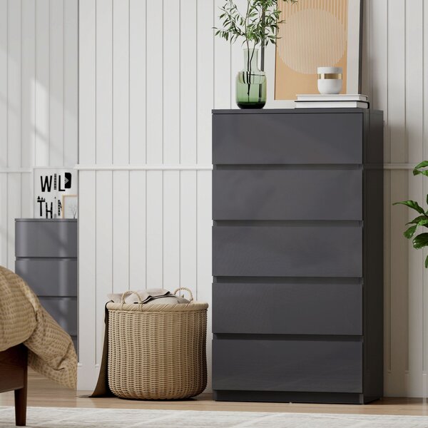 HOMCOM komoda s 5 zásuvkami, vysoký lesk, zásuvky s měkkým dovíráním, bez úchytek — 53 × 34 × 100 cm (šedá) | Aosom