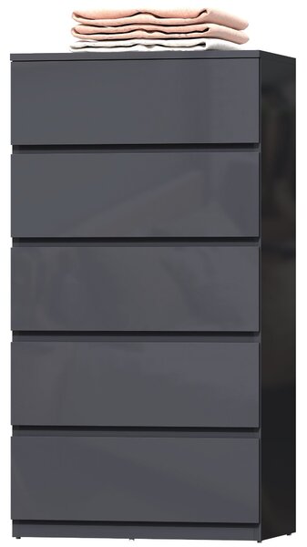 HOMCOM komoda s 5 zásuvkami, vysoký lesk, zásuvky s měkkým dovíráním, bez úchytek — 53 × 34 × 100 cm (šedá) | Aosom