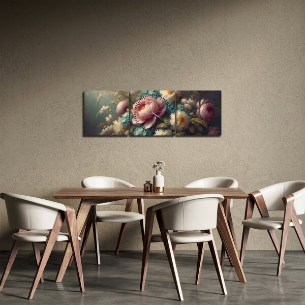 Obraz - Zátiší s květinami - malba (s hodinami) (90x30 cm)