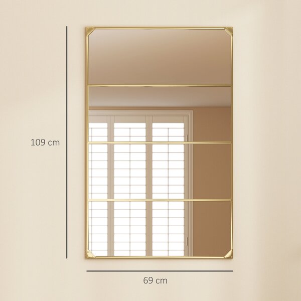 Nástěnné zrcadlo HOMCOM ve stylu okenní mřížky, zlatý kovový rám, obdélné — vodorovné i svislé, 109 × 69 cm | Aosom