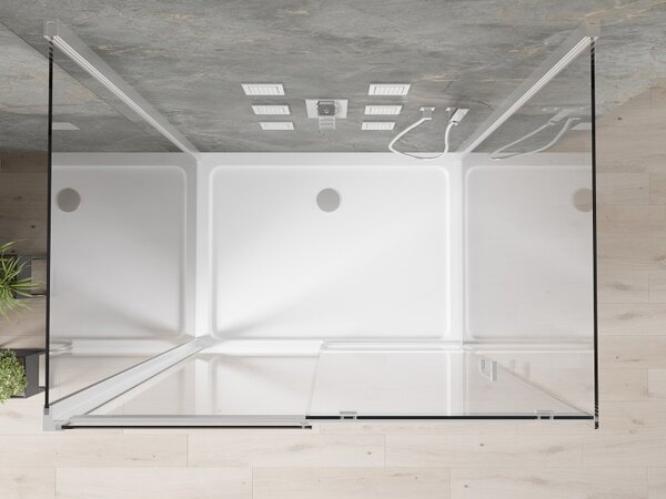 Mexen Omega, 3-stěnový sprchový kout s posuvnými dveřmi 110 (dveře) x 100 (stěna) x 190 cm, 8mm čiré sklo, chromový profil + bílá sprchová vanička SL…