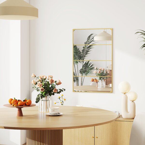 Nástěnné zrcadlo HOMCOM ve stylu okenní mřížky, zlatý kovový rám, obdélné — vodorovné i svislé, 109 × 69 cm | Aosom