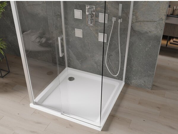 Mexen Omega, 3-stěnový sprchový kout s posuvnými dveřmi 100 (dveře) x 100 (stěna) x 190 cm, 8mm čiré sklo, chromový profil + bílá sprchová vanička SLIM, 825-100-100-01-00-3s-401