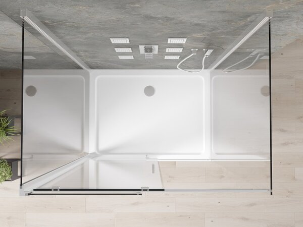 Mexen Omega, 3-stěnový sprchový kout s posuvnými dveřmi 110 (dveře) x 100 (stěna) x 190 cm, 8mm čiré sklo, chromový profil + bílá sprchová vanička SL…