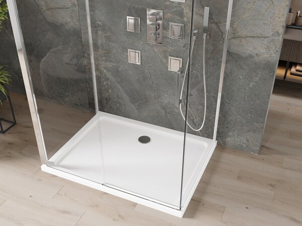 Mexen Omega, 3-stěnový sprchový kout s posuvnými dveřmi 110 (dveře) x 100 (stěna) x 190 cm, 8mm čiré sklo, chromový profil + bílá sprchová vanička SL…