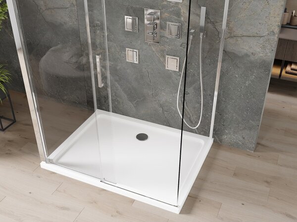 Mexen Omega, 3-stěnový sprchový kout s posuvnými dveřmi 110 (dveře) x 100 (stěna) x 190 cm, 8mm čiré sklo, chromový profil + bílá sprchová vanička SL…