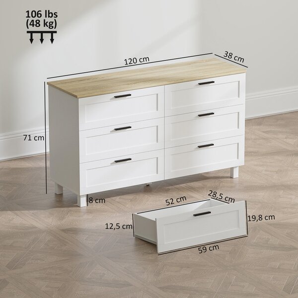 HOMCOM komoda se 6 zásuvkami, úložná skříňka s borovými nohami, moderní styl, do ložnice, obýváku nebo předsíně, 120 × 38 × 71 cm | Aosom