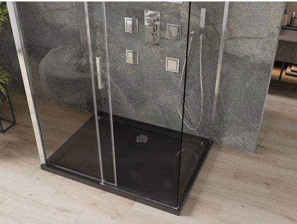 Mexen Omega, 3-stěnový sprchový kout s posuvnými dveřmi 110 (dveře) x 80 (stěna) x 190 cm, 8mm čiré sklo, chromový profil + černá sprchová vanička SL…