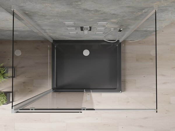 Mexen Omega, 3-stěnový sprchový kout s posuvnými dveřmi 110 (dveře) x 80 (stěna) x 190 cm, 8mm čiré sklo, chromový profil + černá sprchová vanička SL…