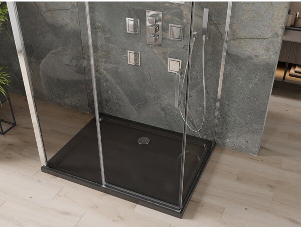 Mexen Omega, 3-stěnový sprchový kout s posuvnými dveřmi 110 (dveře) x 80 (stěna) x 190 cm, 8mm čiré sklo, chromový profil + černá sprchová vanička SL…