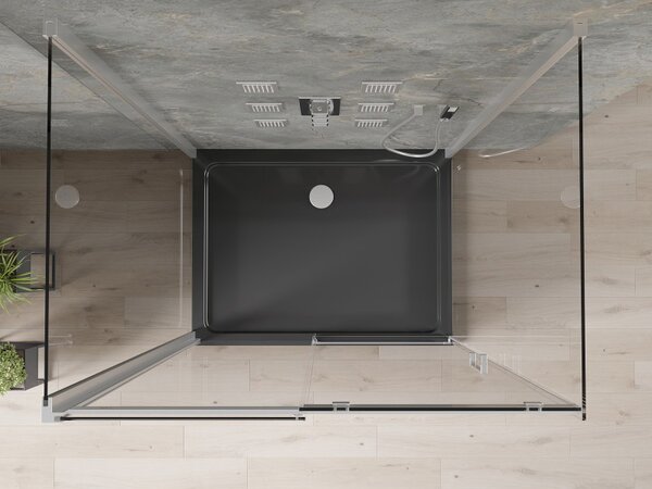 Mexen Omega, 3-stěnový sprchový kout s posuvnými dveřmi 110 (dveře) x 80 (stěna) x 190 cm, 8mm čiré sklo, chromový profil + černá sprchová vanička SL…
