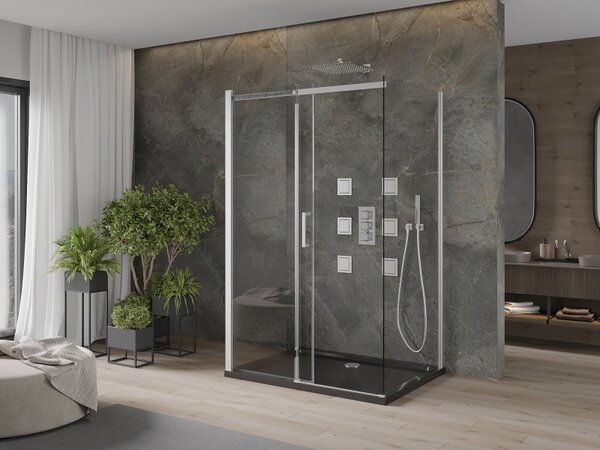 Mexen Omega, 3-stěnový sprchový kout s posuvnými dveřmi 110 (dveře) x 80 (stěna) x 190 cm, 8mm čiré sklo, chromový profil + černá sprchová vanička SL…