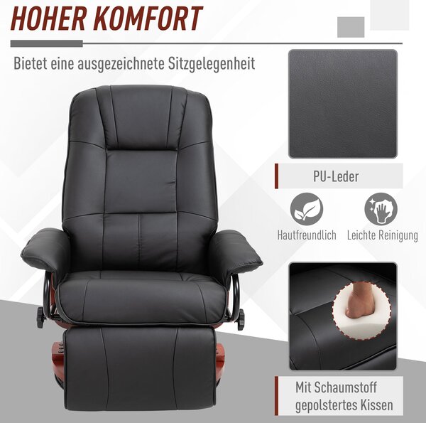 HOMCOM Křeslo Relax s Otočnou Funkcí, Funkce Polohování, Podnožka, Křeslo s Područkami, Dřevěné Nohy pro Obývací Pokoj a Ložnici, Umělá Kůže, Černé |