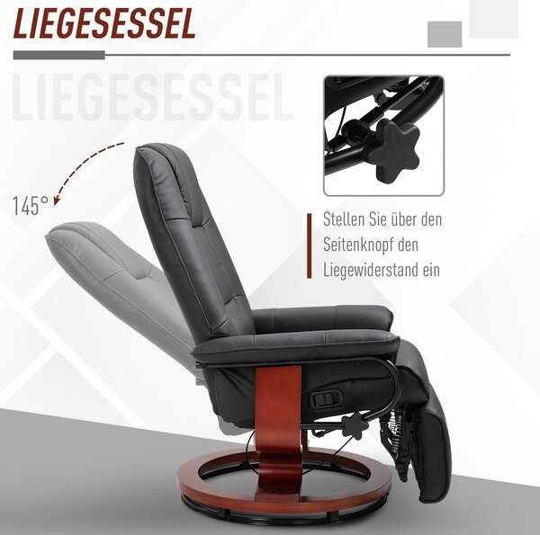 HOMCOM Křeslo Relax s Otočnou Funkcí, Funkce Polohování, Podnožka, Křeslo s Područkami, Dřevěné Nohy pro Obývací Pokoj a Ložnici, Umělá Kůže, Černé |