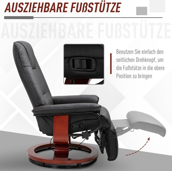 HOMCOM Křeslo Relax s Otočnou Funkcí, Funkce Polohování, Podnožka, Křeslo s Područkami, Dřevěné Nohy pro Obývací Pokoj a Ložnici, Umělá Kůže, Černé |