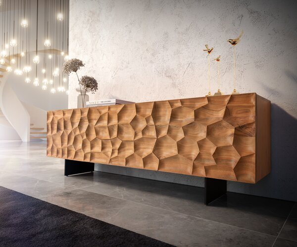 DELIFE TV stolek Solu 175 cm akácie přírodní 2 dvířka 2 zásuvky závěsná kovová podnož černá 3D přední panel