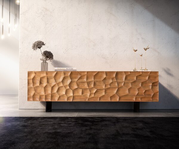 DELIFE TV stolek Solu 175 cm akácie přírodní 2 dvířka 2 zásuvky závěsná kovová podnož černá 3D přední panel