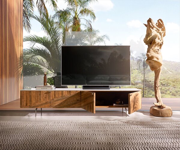DELIFE TV stolek Bahan 200 cm mango teak 4 dvířka mramorová deska bílá rohová podnož nerezová ocel