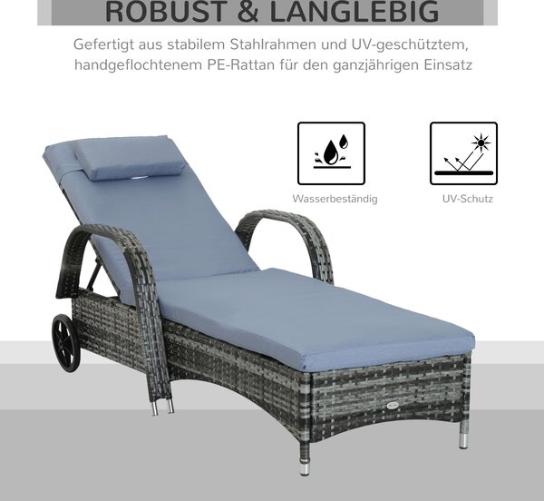 Outsunny Ratanový Lehátko s 5-polohovým Nastavitelným Opěradlem, Polštářem, Kolečky a Polštářem, 160 kg Kapacita, Křeslo pro Zahradu, 200x73x30-103cm