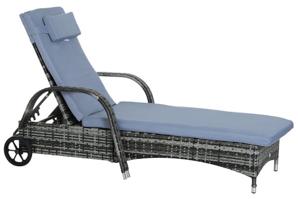 Outsunny Ratanový Lehátko s 5-polohovým Nastavitelným Opěradlem, Polštářem, Kolečky a Polštářem, 160 kg Kapacita, Křeslo pro Zahradu, 200x73x30-103cm