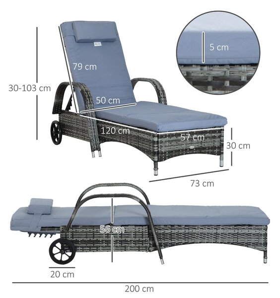 Outsunny Ratanový Lehátko s 5-polohovým Nastavitelným Opěradlem, Polštářem, Kolečky a Polštářem, 160 kg Kapacita, Křeslo pro Zahradu, 200x73x30-103cm