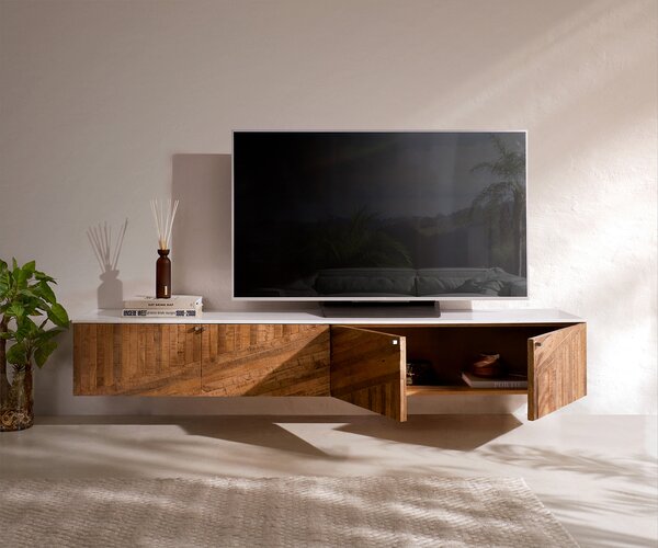DELIFE TV stolek Bahan 200 cm mango teak 4 dvířka mramorová deska bílá závěsný