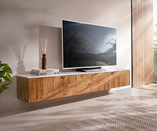 DELIFE TV stolek Bahan 200 cm mango teak 4 dvířka mramorová deska bílá závěsný