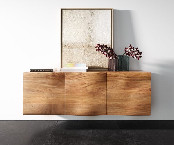 DELIFE Komoda New Live-Edge 145 cm akácie přírodní 3 dvířka závěsná