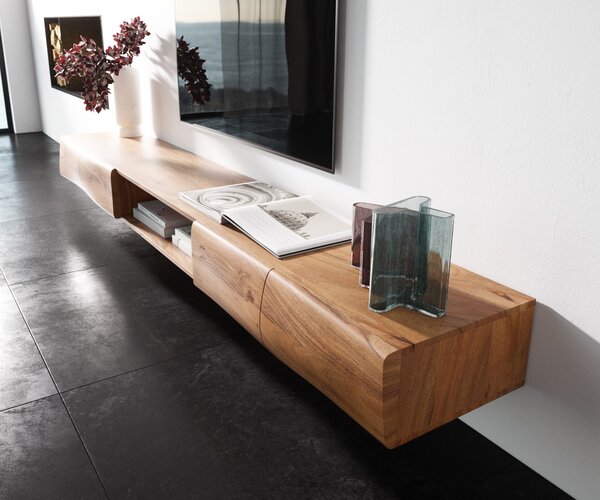 DELIFE TV stolek New Live-Edge 240 cm akácie přírodní 4 dvířka 1 přihrádka závěsný