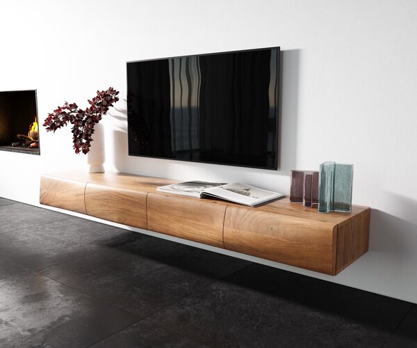 DELIFE TV stolek New Live-Edge 200 cm akácie přírodní 4 dvířka závěsný