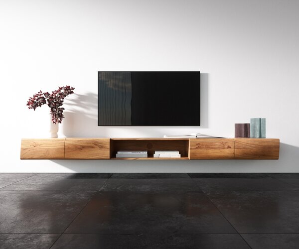 DELIFE TV stolek New Live-Edge 240 cm akácie přírodní 4 dvířka 1 přihrádka závěsný