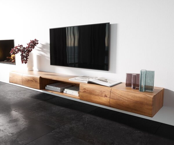 DELIFE TV stolek New Live-Edge 240 cm akácie přírodní 4 dvířka 1 přihrádka závěsný