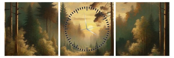 Obraz - Slunce zářící lesem (s hodinami) (90x30 cm)