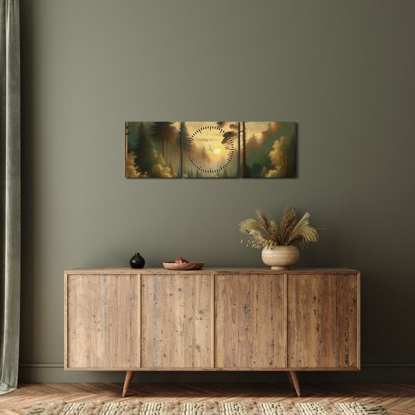 Obraz - Slunce zářící lesem (s hodinami) (90x30 cm)