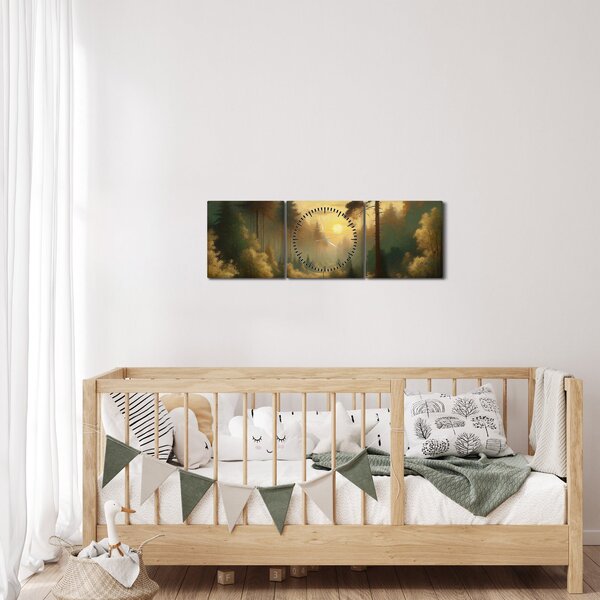 Obraz - Slunce zářící lesem (s hodinami) (90x30 cm)