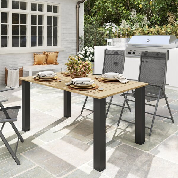 Obdélníkový Zahradní Stůl Outsunny 150x90x73 cm na Terasu se Ocelovými nohami, Otvorem pro Deštník a Příčkovým Designem, Nosnost 70 kg Hnědý | Aosom