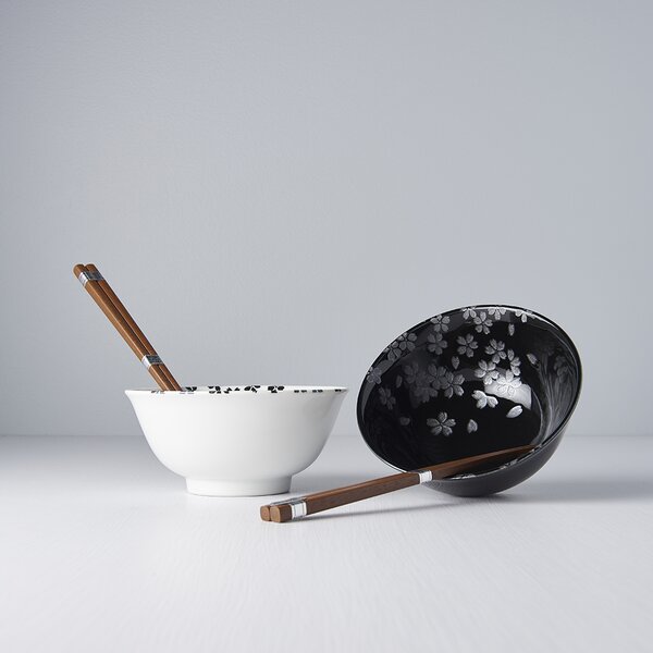 Made in Japan (MIJ) Bowl Set Silver Sakura 2 x 400 ml with Chopsticks
