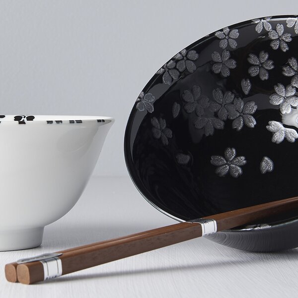 Made in Japan (MIJ) Bowl Set Silver Sakura 2 x 400 ml with Chopsticks