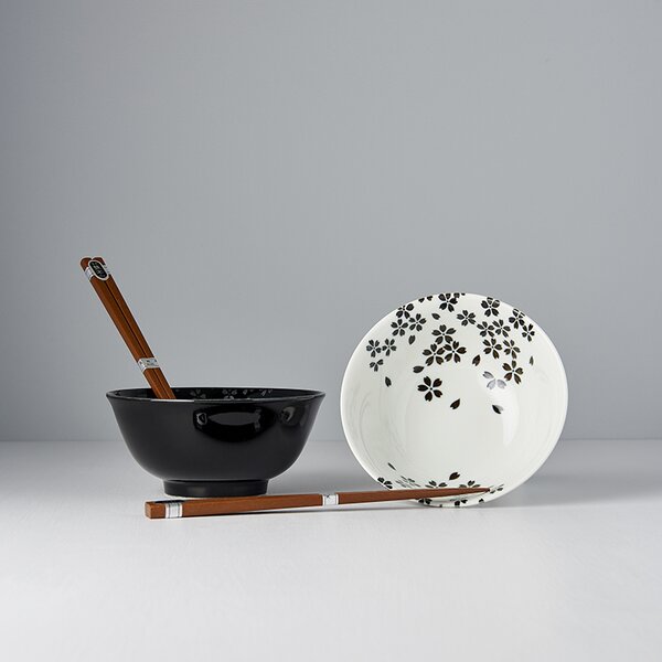 Made in Japan (MIJ) Bowl Set Silver Sakura 2 x 400 ml with Chopsticks