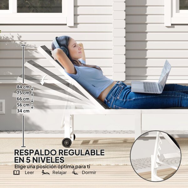 Outsunny Skládací Lehátko do Zahrady s Kolečky a Nastavitelným Opěradlem v 5 Úrovních, Nosnost 120 kg, pro Terasu, Balkon, 166x60x84 cm, Šedé | Aosom