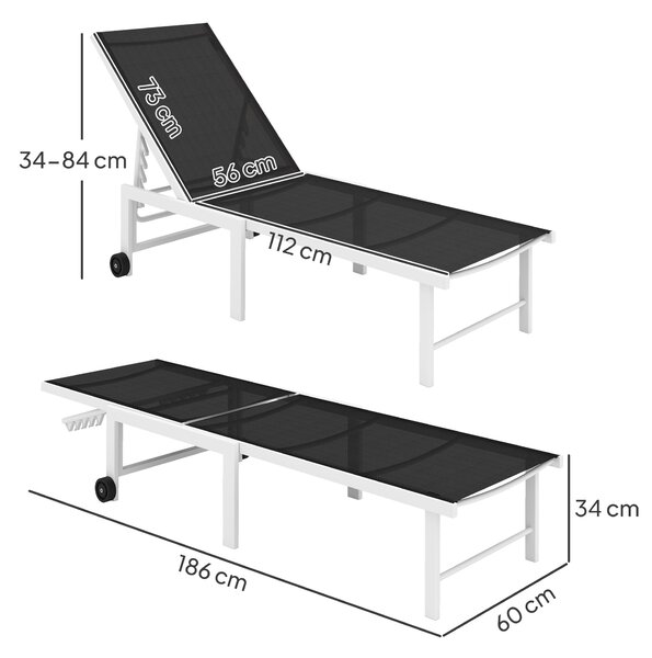 Outsunny Skládací Lehátko do Zahrady s Kolečky a Nastavitelným Opěradlem v 5 Úrovních, Nosnost 120 kg, pro Terasu, Balkon, 166x60x84 cm, Šedé | Aosom