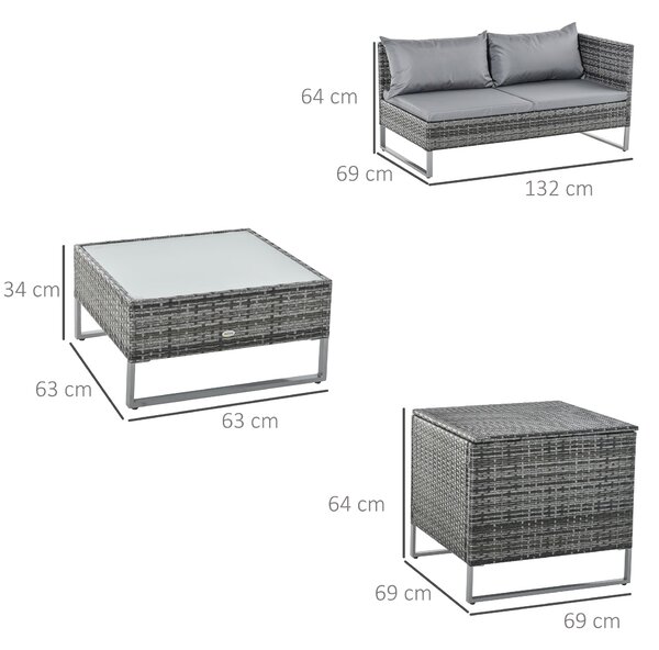 Outsunny 4dílná ratanová zahradní souprava s 2 dvousofami, centrálním stolem a úložným prostorem, odnímatelnými polštáři 132x69x64 cm Šedá | Aosom
