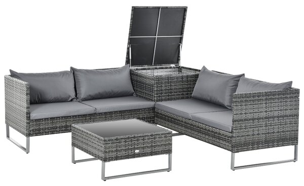 Outsunny 4dílná ratanová zahradní souprava s 2 dvousofami, centrálním stolem a úložným prostorem, odnímatelnými polštáři 132x69x64 cm Šedá | Aosom