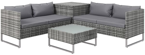 Outsunny 4dílná ratanová zahradní souprava s 2 dvousofami, centrálním stolem a úložným prostorem, odnímatelnými polštáři 132x69x64 cm Šedá | Aosom