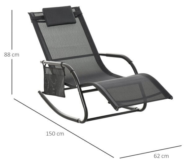 Zahradní houpací křeslo Outsunny s polstrovanými opěrkami, opěrkou hlavy a boční kapsou, nosnost 120 kg pro zahradu, terasu a patio 150x62x88 cm Černé