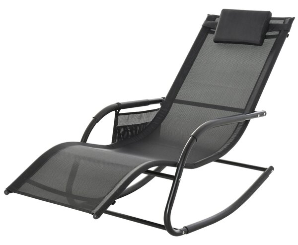 Zahradní houpací křeslo Outsunny s polstrovanými opěrkami, opěrkou hlavy a boční kapsou, nosnost 120 kg pro zahradu, terasu a patio 150x62x88 cm Černé