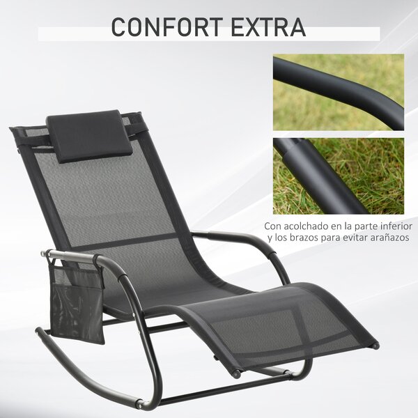 Zahradní houpací křeslo Outsunny s polstrovanými opěrkami, opěrkou hlavy a boční kapsou, nosnost 120 kg pro zahradu, terasu a patio 150x62x88 cm Černé