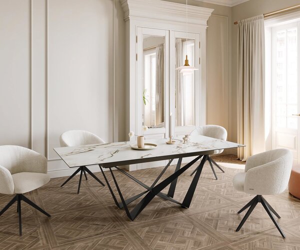 DELIFE Jídelní stůl Edge 180-220x100 keramika Calacatta Luxe bílá-zlatá-šedá spider plochá ocel černá rozkládací